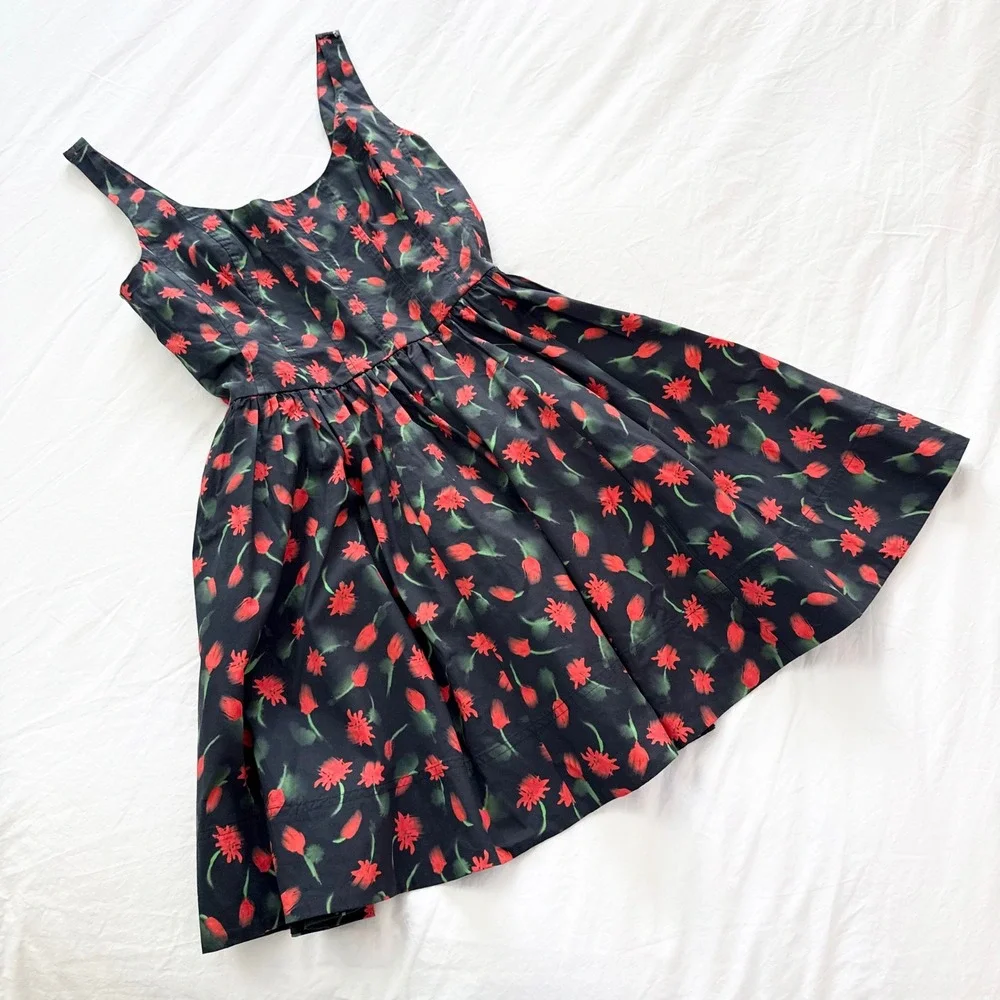 J.Crew Painted Daisy Fit & Flare Mini Dress Black Floral Size 8 Tall